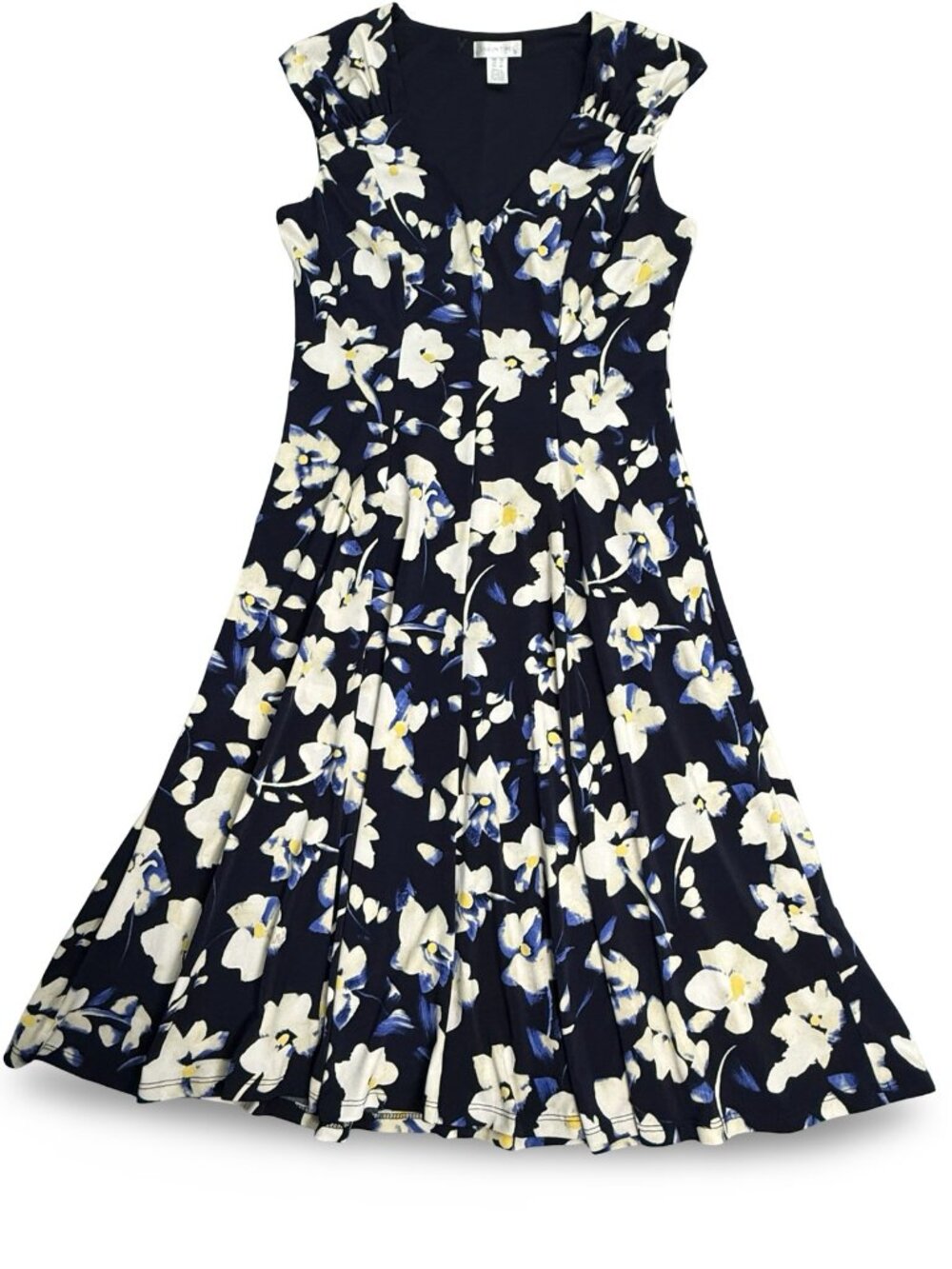 London Times Floral Fit Flare Dress Womens 10 Navy Blue White V-Neck Midi Office